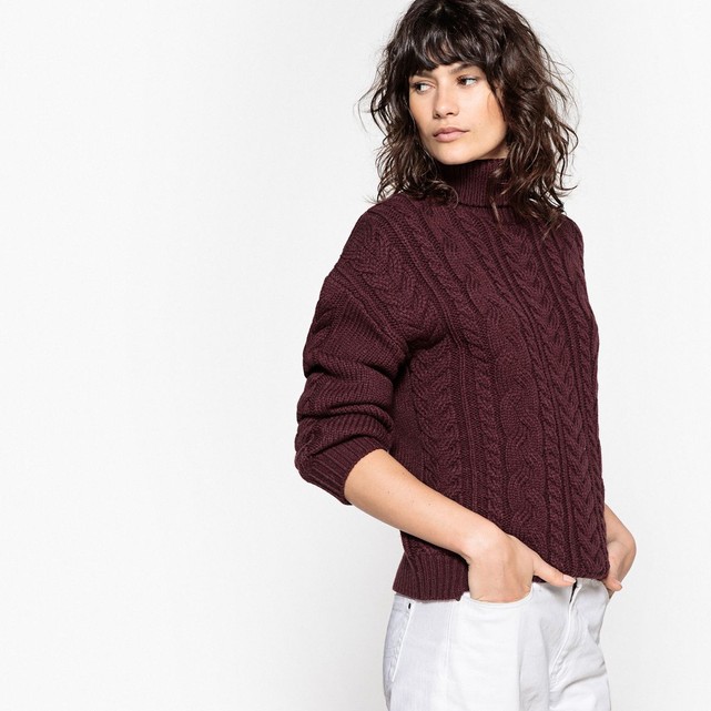 Pull col roulé, à torsades, laine